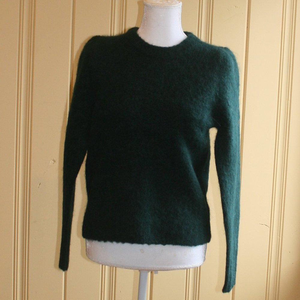 PUFF SLEEVE GREEN FUZZY CREW NECK SWEATER M AC265